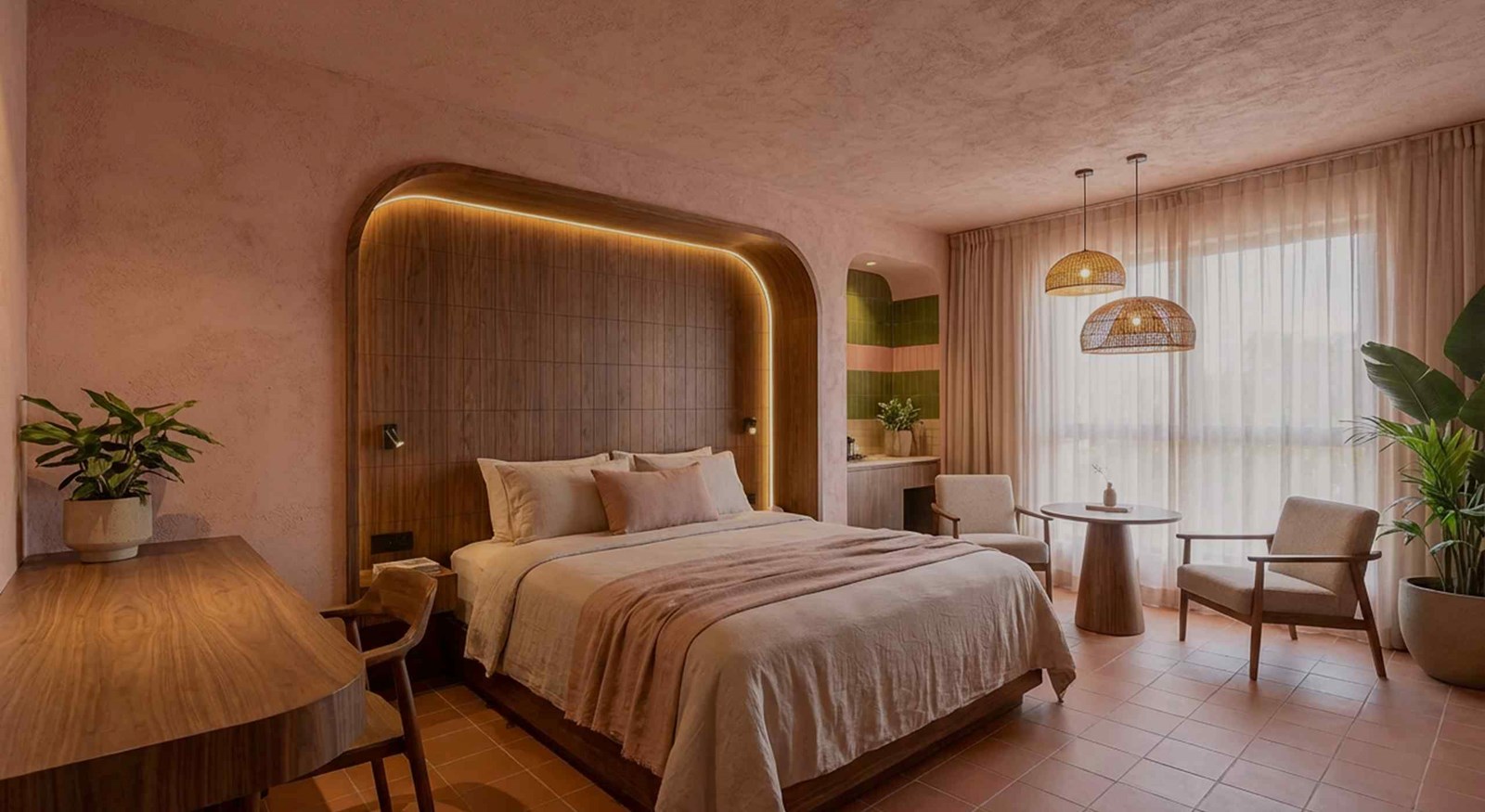 Chambre d'hôtel à Bastogne avec lit double et tête de lit en bois arrondie, Maison Melba