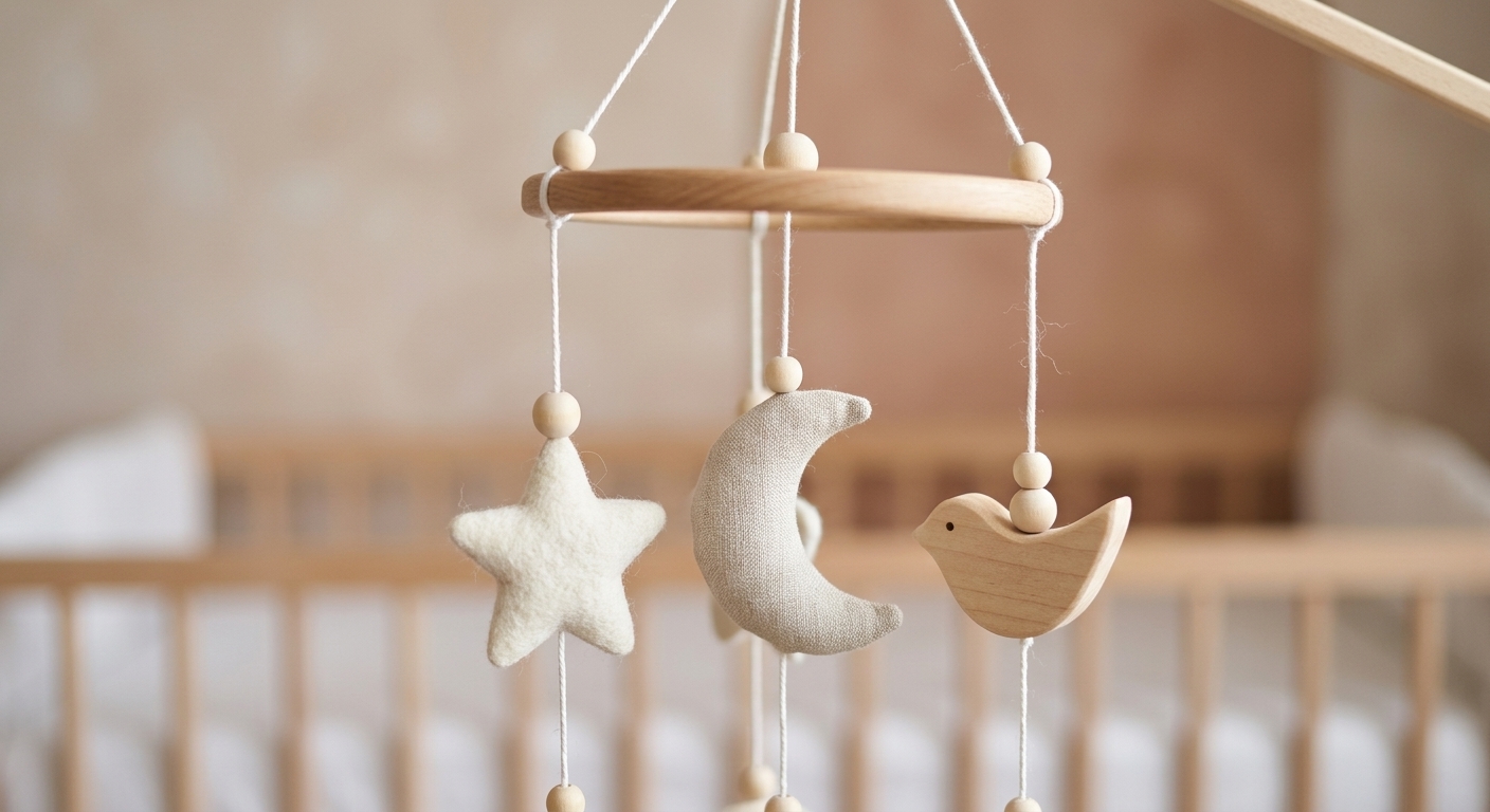 Lit bébé avec mobile, disponible sur demande à Maison Melba, hôtel familial à Bastogne
