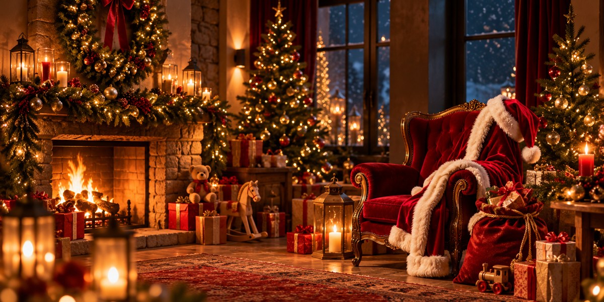 Salon de Noël chaleureux avec sapin, cheminée et fauteuil du Père Noël