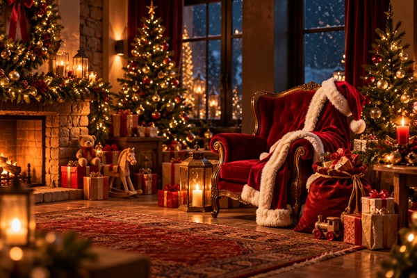 Salon de Noël chaleureux avec sapin, cheminée et fauteuil du Père Noël