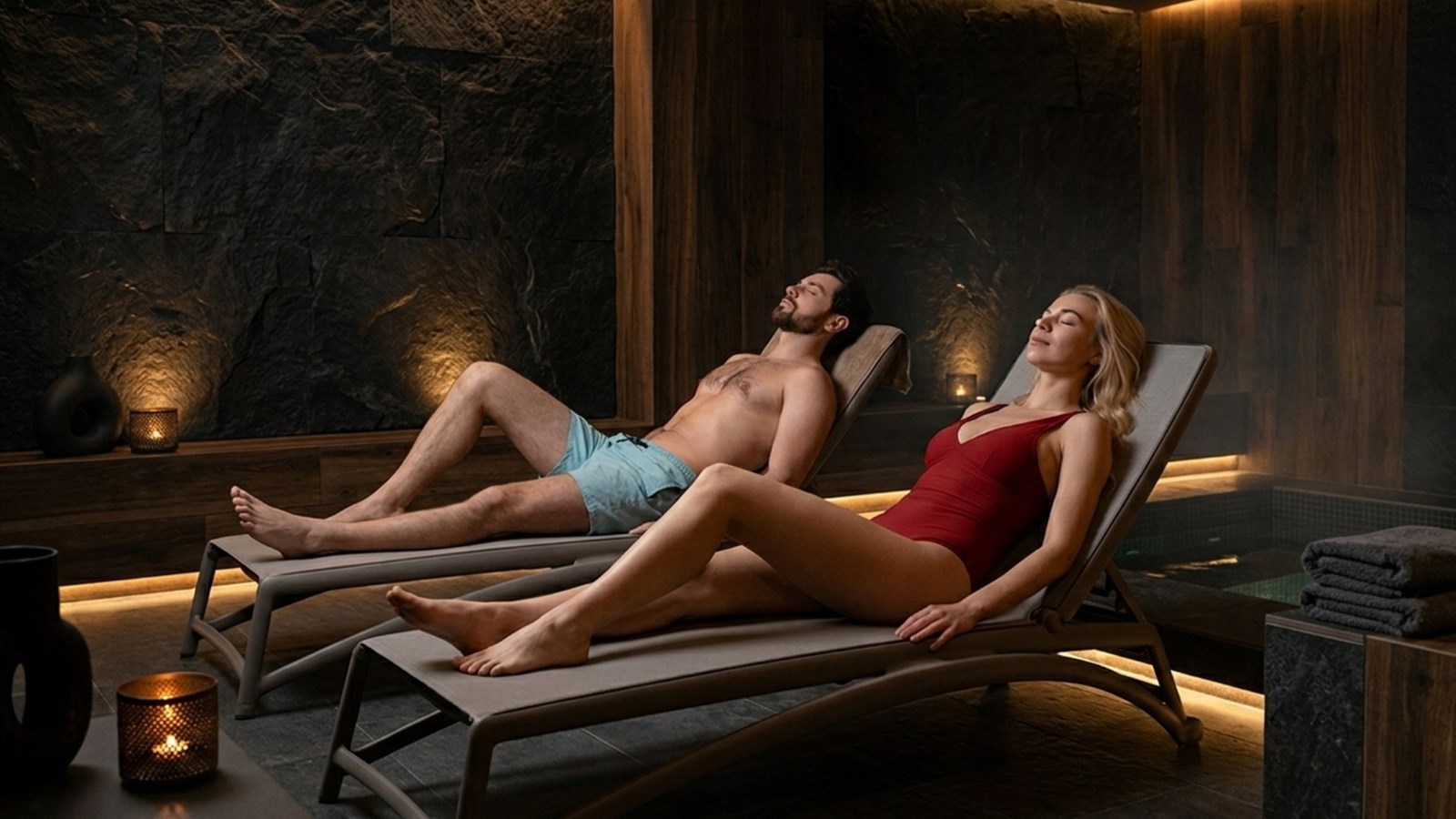 Couple se relaxant sur des transats dans un espace wellness tamisé, Maison Melba
