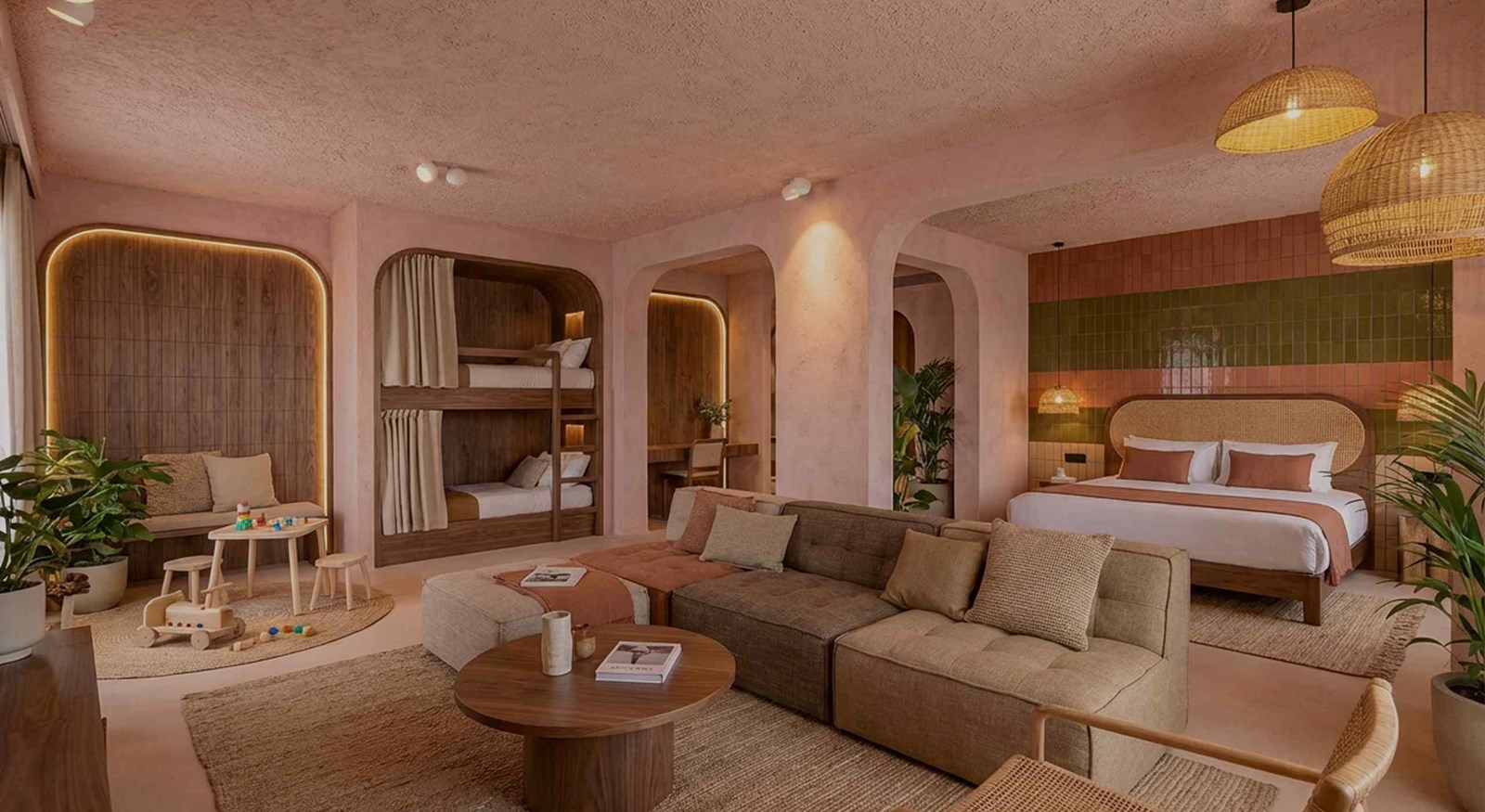 Family room in Bastogne with bunk beds, double bed and seating area, Maison Melba